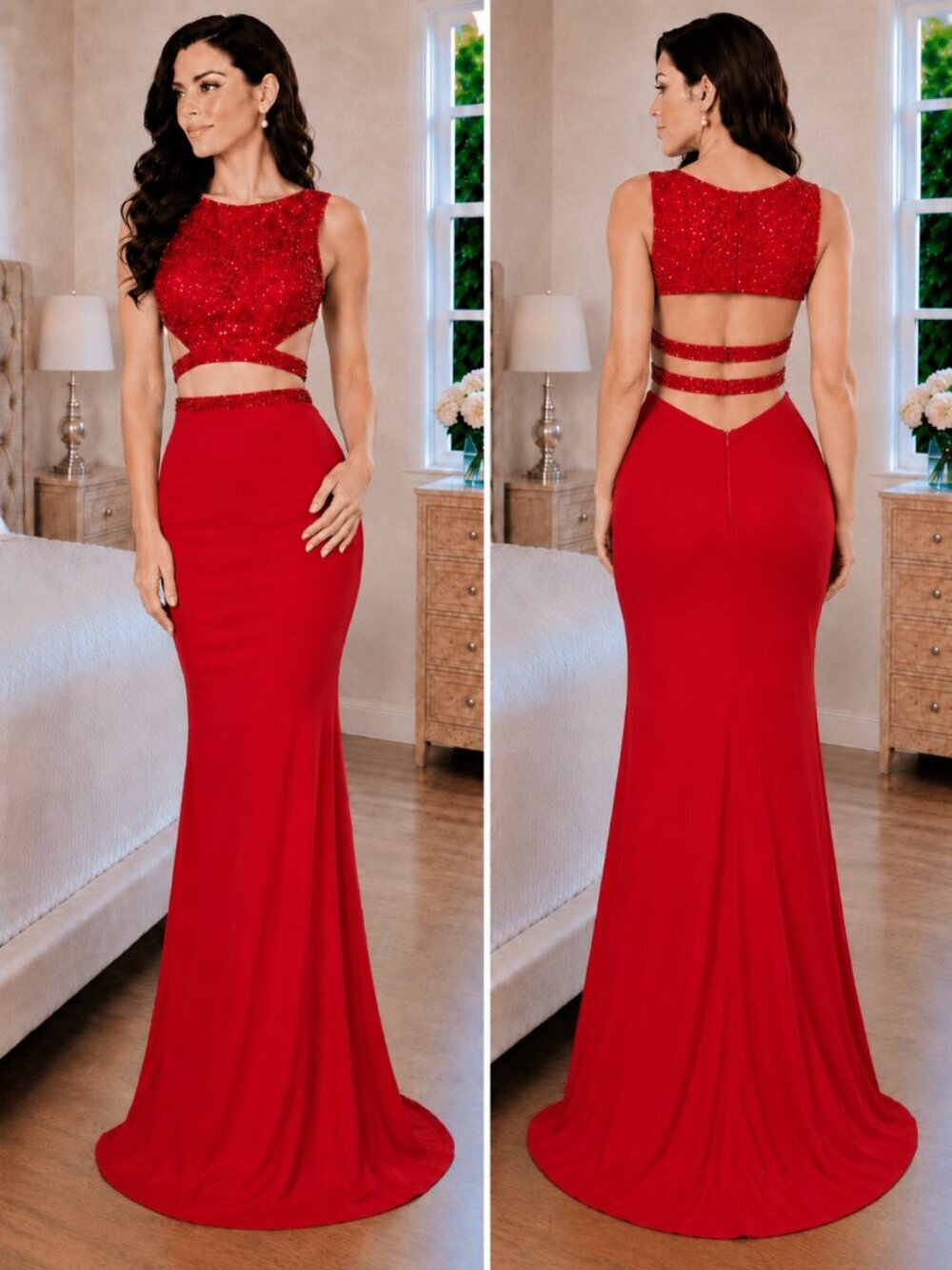 Sherri Hill 50805 Red Beaded Two Piece Formal Gown $330